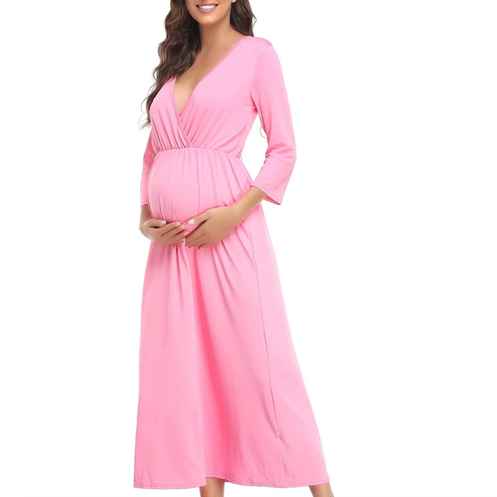 NEW Maternity 3/4 Sleeve Wrapped V Neck Dress Size M Pink